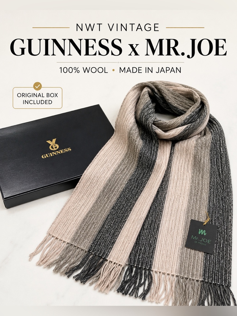 NWT Vintage GUINNESS x Mr. JOE di moda 100% Wool Scarf - Made in Japan